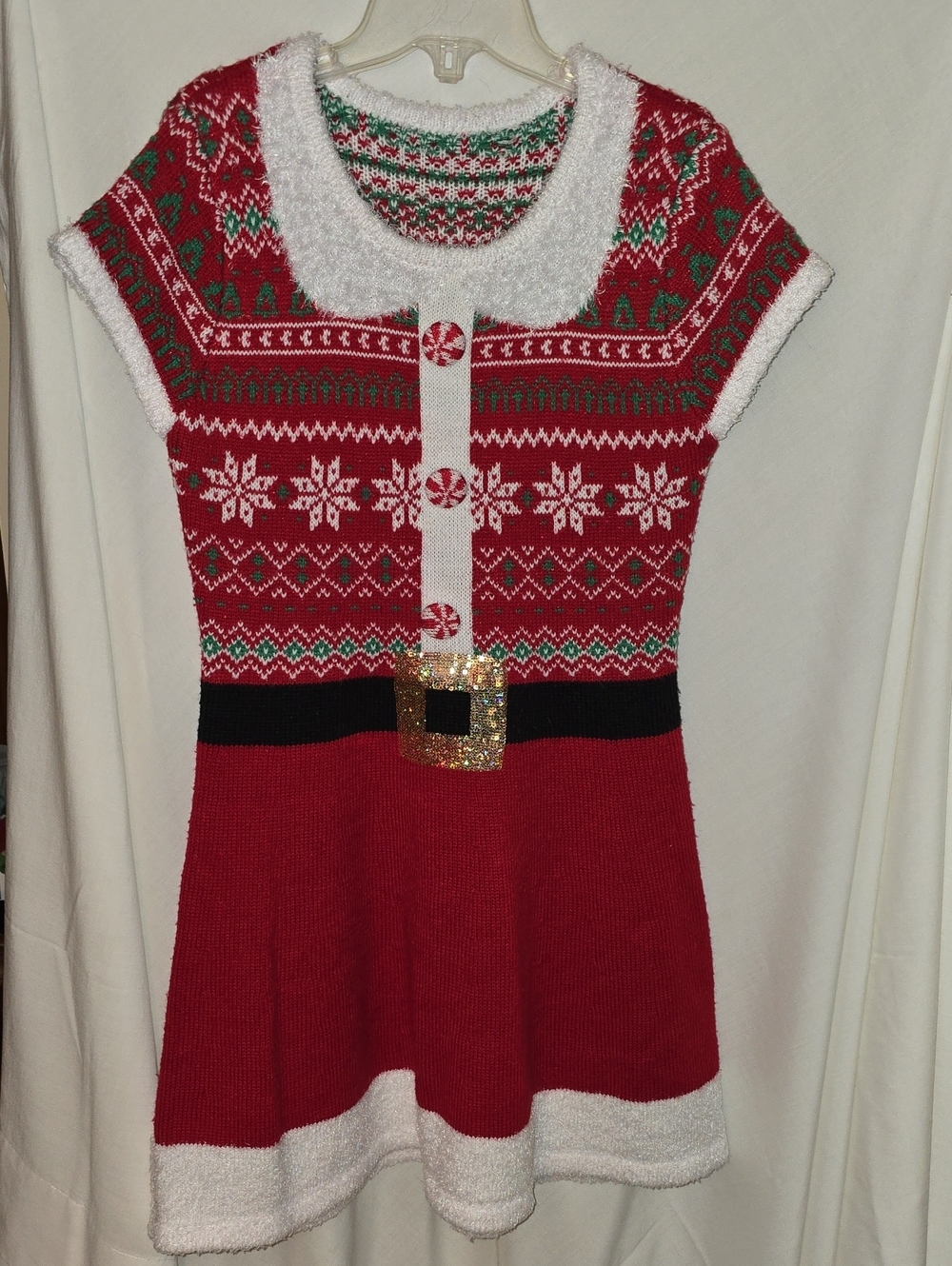 Girls' Red Holiday Knit Dress with Festive Snowflake Pattern